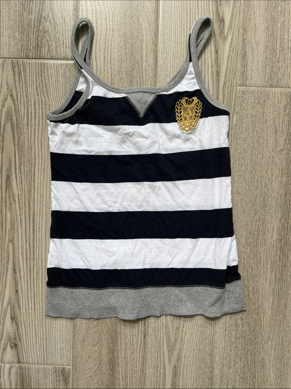 Armani Exchange Navy, White & Gray Striped Tank with Gold Crest